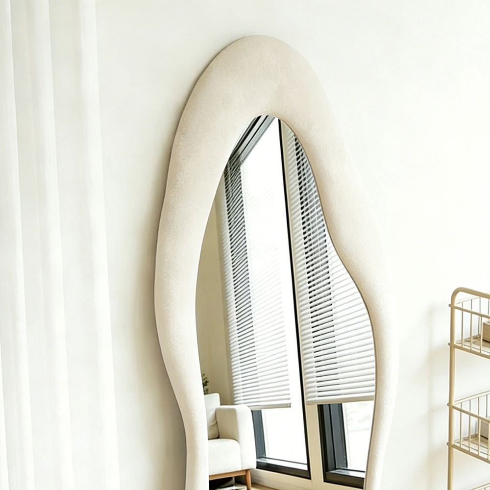 Maple Home Irregular Maple Home Wavy Full Length Mirror Ivory White Velvet 70x170cm Aesthetic Fluffy Floor Mirror for Dressing Room - Image 3