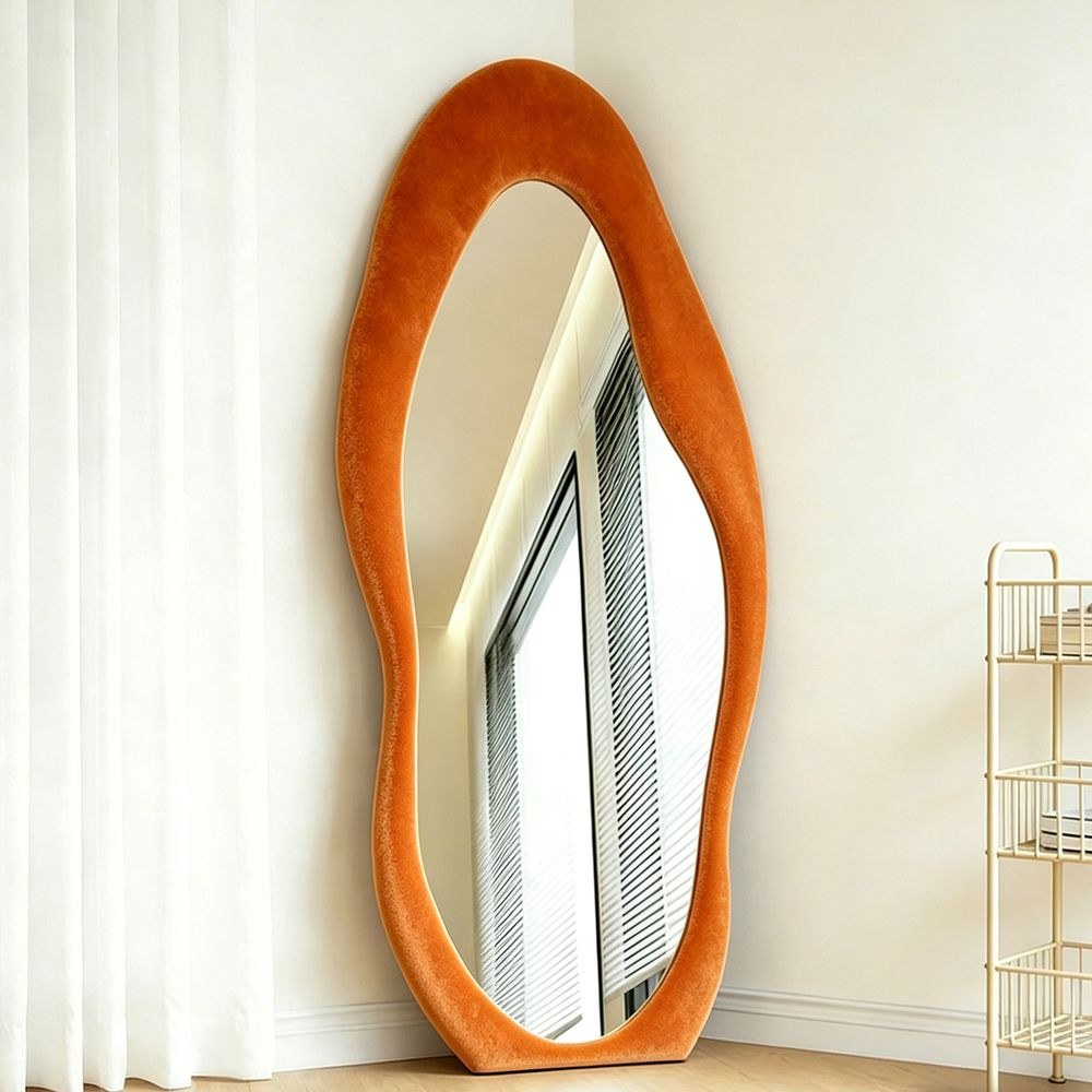 Maple Home Wavy Full Length Mirror 70x170cm Orange Maple Home Velvet Irregular Fluffy Squiggle Floor Mirror for Home Decor
