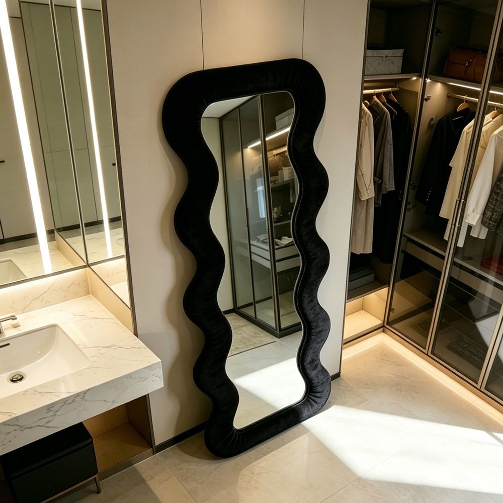 Maple Home Wavy Full Length Mirror Black Velvet 70x170cm Luxury Irregular Fluffy Floor Mirror for Entryway Closet