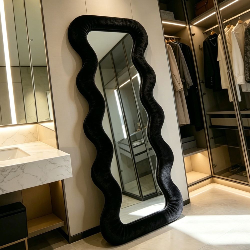 Maple Home Wavy Full Length Mirror Black Velvet 70x170cm Luxury Irregular Fluffy Floor Mirror for Entryway Closet - Image 2