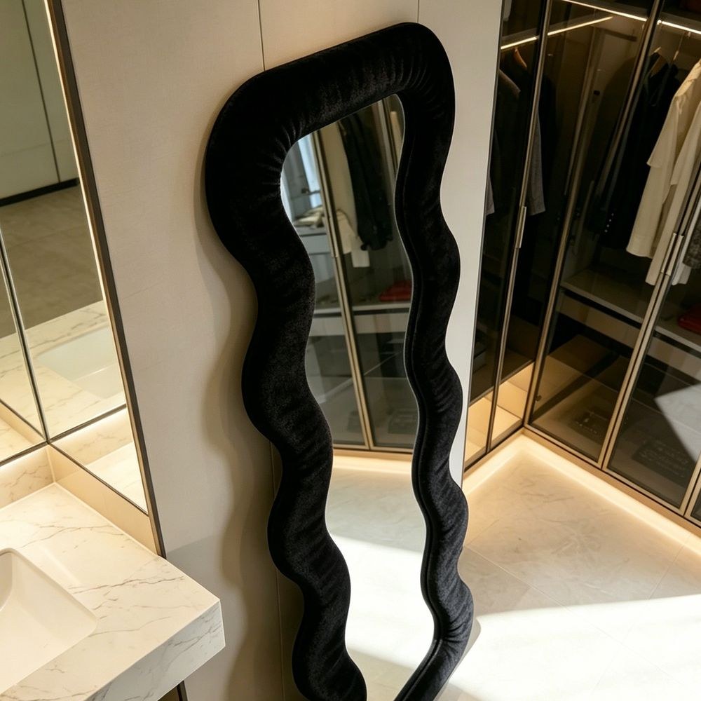 Maple Home Wavy Full Length Mirror Black Velvet 70x170cm Luxury Irregular Fluffy Floor Mirror for Entryway Closet - Image 3
