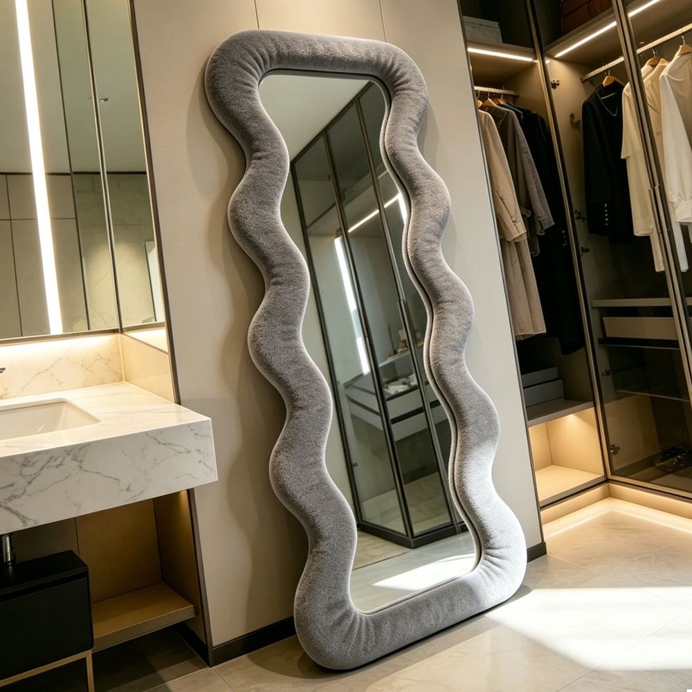 Maple Home Wavy Full Length Mirror Light Gray Velvet 70x170cm Fluffy Irregular Floor Mirror for Bedroom Living Room - Image 2