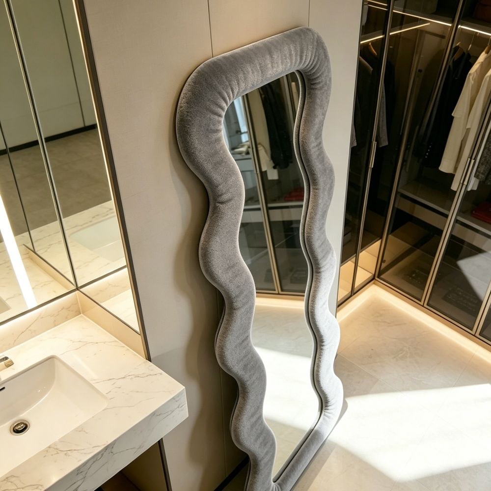 Maple Home Wavy Full Length Mirror Light Gray Velvet 70x170cm Fluffy Irregular Floor Mirror for Bedroom Living Room - Image 3