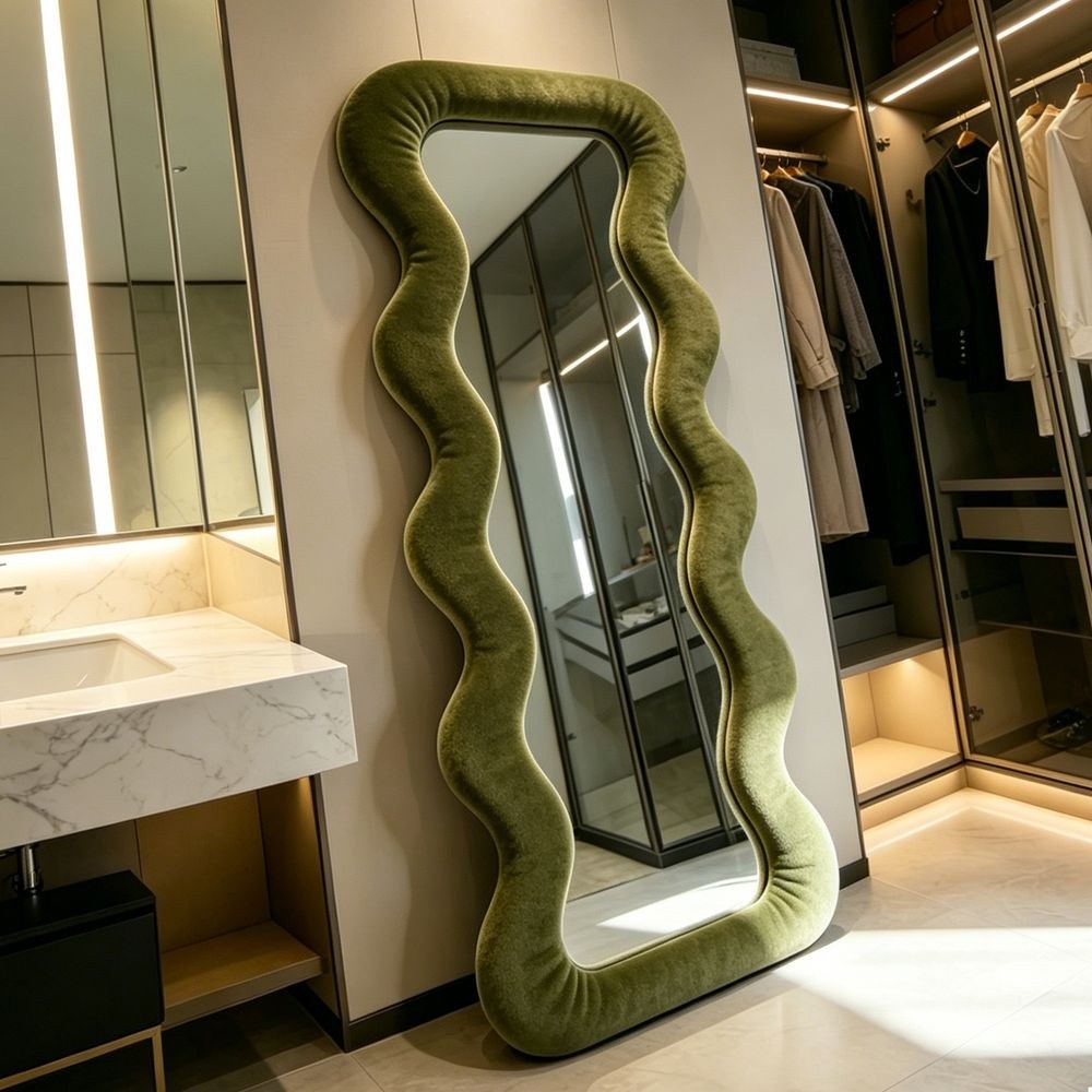 Maple Home Velvet Maple Home Wavy Full Length Mirror Olive Green 70x170cm Aesthetic Fluffy Irregular Floor Mirror for Dressing Room