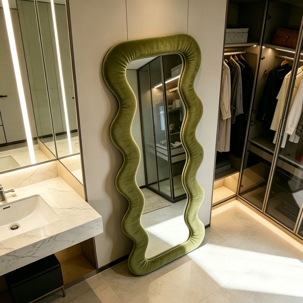 Maple Home Velvet Maple Home Wavy Full Length Mirror Olive Green 70x170cm Aesthetic Fluffy Irregular Floor Mirror for Dressing Room - Image 2