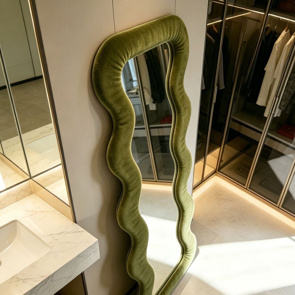 Maple Home Velvet Maple Home Wavy Full Length Mirror Olive Green 70x170cm Aesthetic Fluffy Irregular Floor Mirror for Dressing Room - Image 3