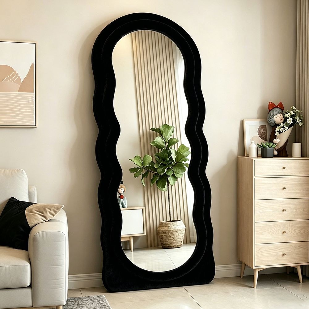 Maple Home Double Wavy Full Length Mirror Black Velvet 70x170cm Luxury Fluffy Floor Mirror for Entryway Closet