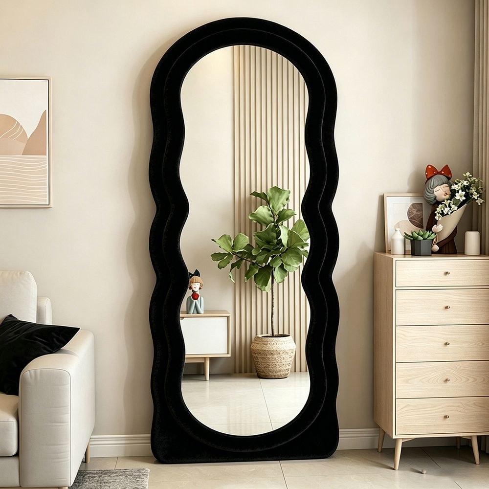 Maple Home Double Wavy Full Length Mirror Black Velvet 70x170cm Luxury Fluffy Floor Mirror for Entryway Closet - Image 2