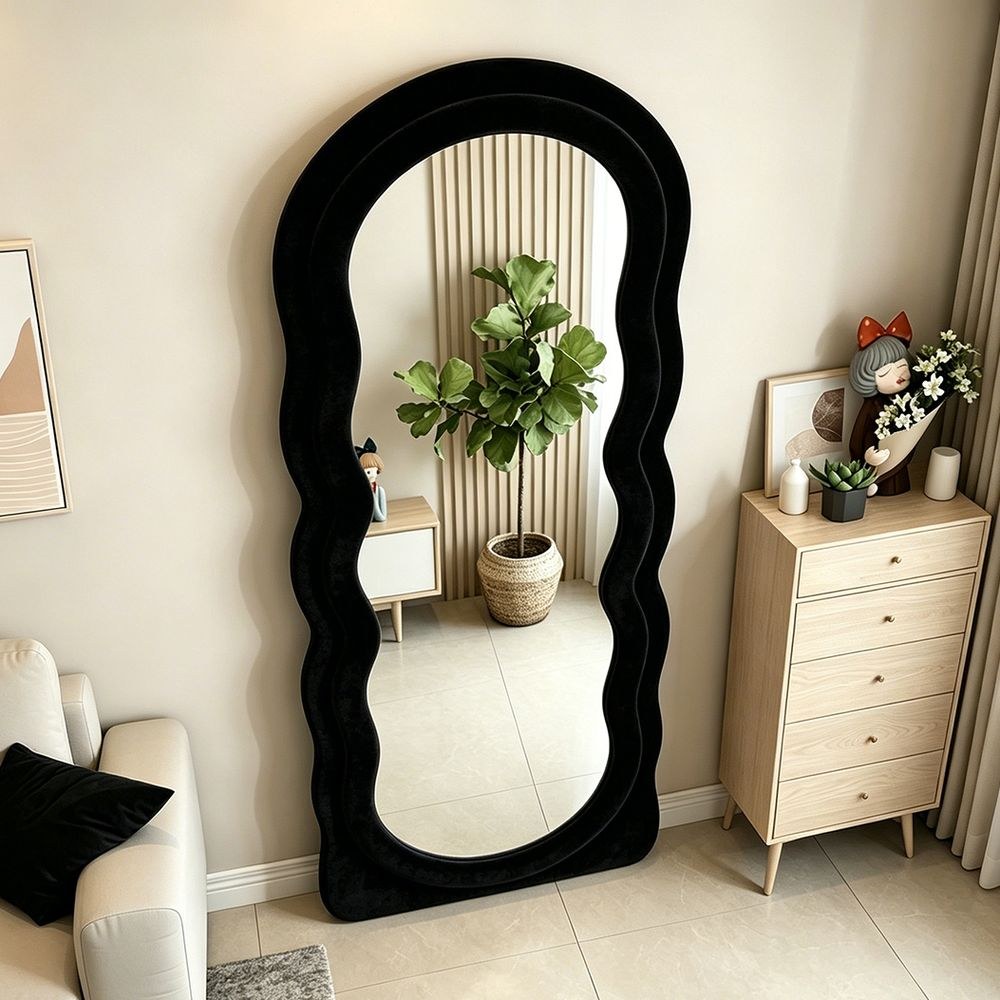Maple Home Double Wavy Full Length Mirror Black Velvet 70x170cm Luxury Fluffy Floor Mirror for Entryway Closet - Image 3