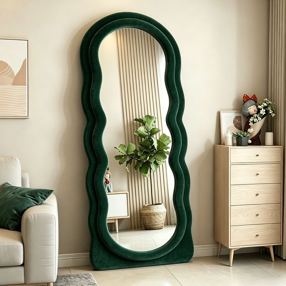 Maple Home Double Wavy Full Length Mirror Dark Green Velvet 70x170cm Double Layer Fluffy Squiggle Floor Mirror - Image 2