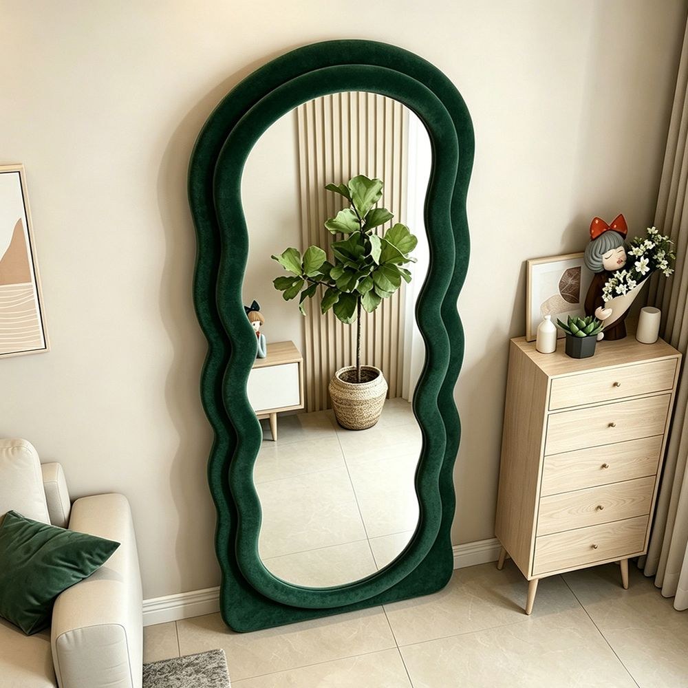 Maple Home Double Wavy Full Length Mirror Dark Green Velvet 70x170cm Double Layer Fluffy Squiggle Floor Mirror - Image 3