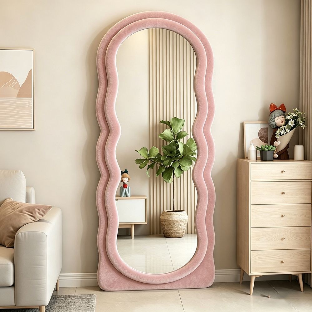 Maple Home Double Wavy Full Length Mirror Blush Pink Velvet 70x170cm Fluffy Squiggle Floor Mirror for Home Decor