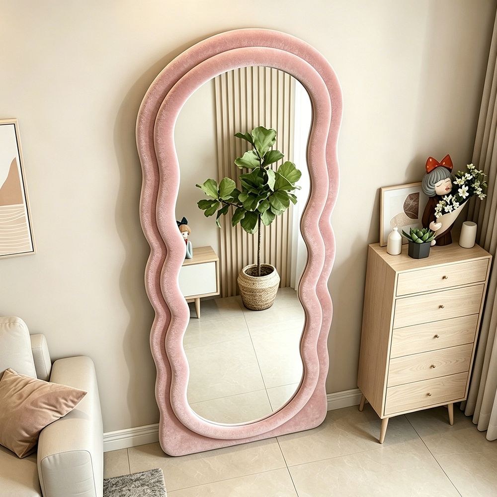 Maple Home Double Wavy Full Length Mirror Blush Pink Velvet 70x170cm Fluffy Squiggle Floor Mirror for Home Decor - Image 3