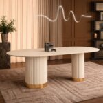 Wooden Twist Elara Fluted Oval Dining Table 6 Seater with Dual Pedestal Base Modern Luxury Designer Dining Table (150X80X75 CM)