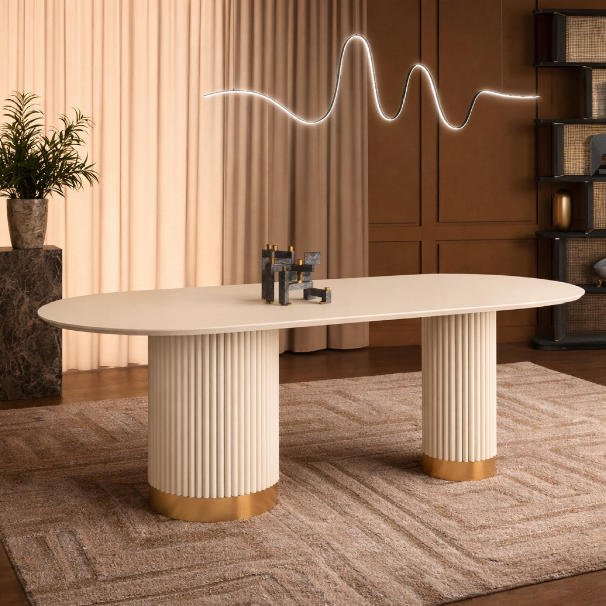 Wooden Twist Elara Fluted Oval Dining Table 6 Seater with Dual Pedestal Base Modern Luxury Designer Dining Table (200X90X75 CM)