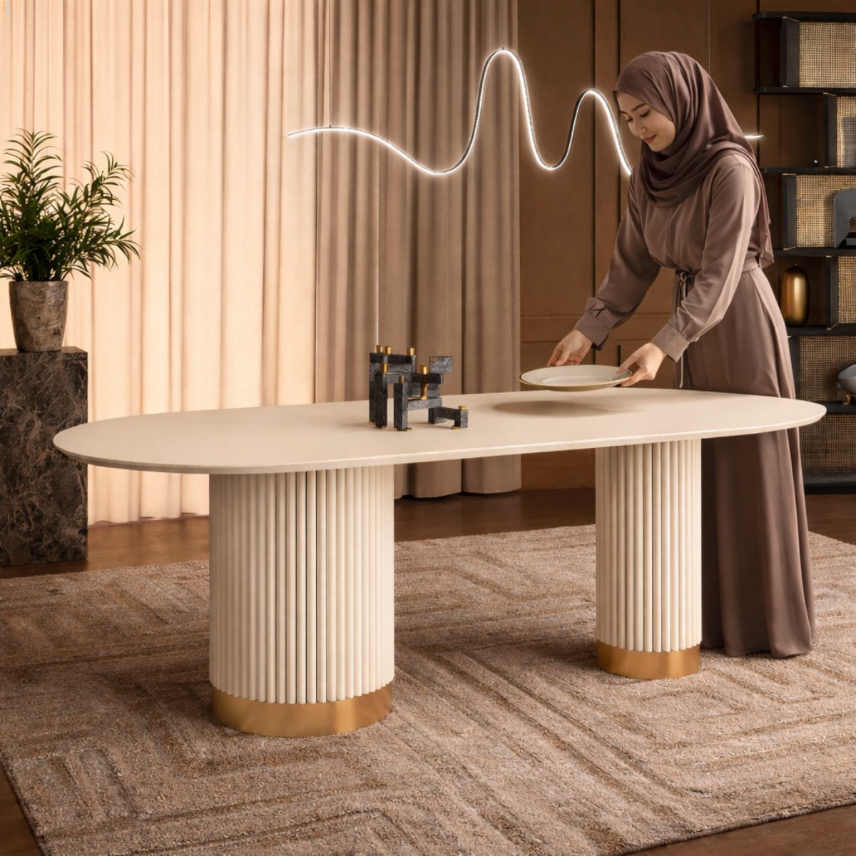 Wooden Twist Elara Fluted Oval Dining Table 6 Seater with Dual Pedestal Base Modern Luxury Designer Dining Table (200X90X75 CM) - Image 2