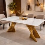 Wooden Twist Vortenza Luxury Marble Dining Table with Sculptural Gold Base Modern 6 Seater Designer Table (180X90X75 CM)