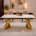 Wooden Twist Vortenza Luxury Marble Dining Table with Sculptural Gold Base Modern 6 Seater Designer Table (180X90X75 CM)