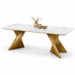 Wooden Twist Vortenza Luxury Marble Dining Table with Sculptural Gold Base Modern 6 Seater Designer Table (180X90X75 CM)