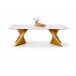 Wooden Twist Vortenza Luxury Marble Dining Table with Sculptural Gold Base Modern 6 Seater Designer Table (180X90X75 CM)