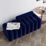 Modern Upholstered Accent Bench Curved Design Fabric Seat for Living Room Bedroom Entryway - Navy Blue - 120x50x53 cm