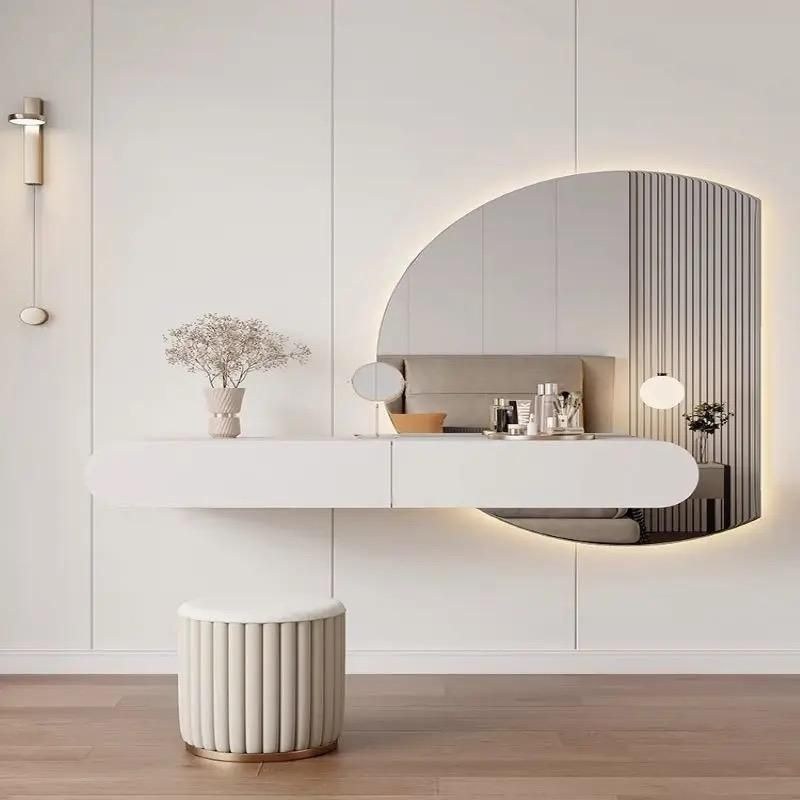 Modern Wall Mounted Dressing Table with LED Mirror & Stool, 95cm Floating Vanity Desk, Off-White