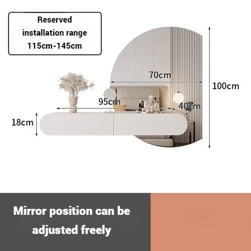 Modern Wall Mounted Dressing Table with LED Mirror & Stool, 95cm Floating Vanity Desk, Off-White - Image 3