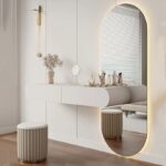 Modern Floating Vanity Dressing Table with Wall-Mounted Full-Length Oval LED Mirror and Stool, Off-White