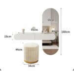 Modern Floating Vanity Dressing Table with Wall-Mounted Full-Length Oval LED Mirror and Stool, Off-White