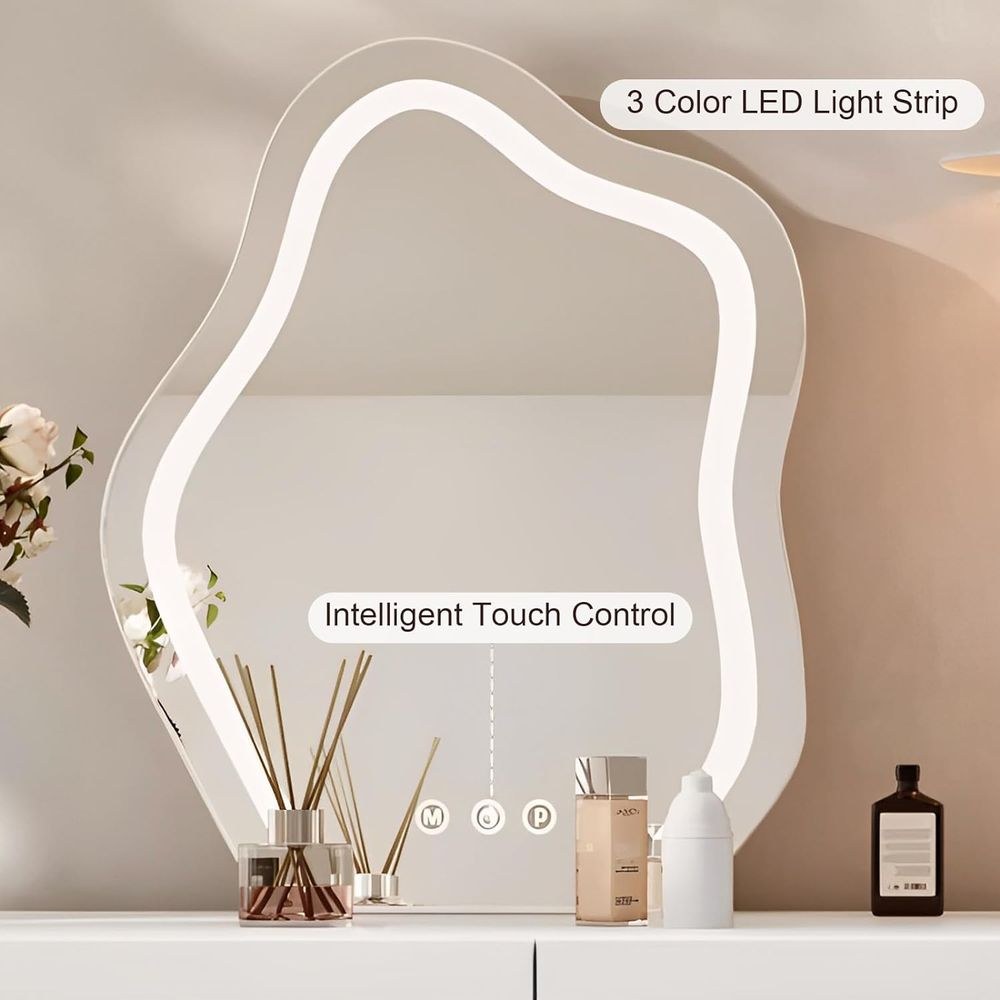 Vanity Dressing Table Set with LED Mirror, Stool and Side Drawer Cabinet, Wood Finish, Classic White, Women's Bedroom Vanity Desk - Image 2