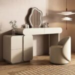 Modern Dressing Table with Mirror and Stool, Classic White Makeup Table with Storage Drawers Cabinet for Bedroom