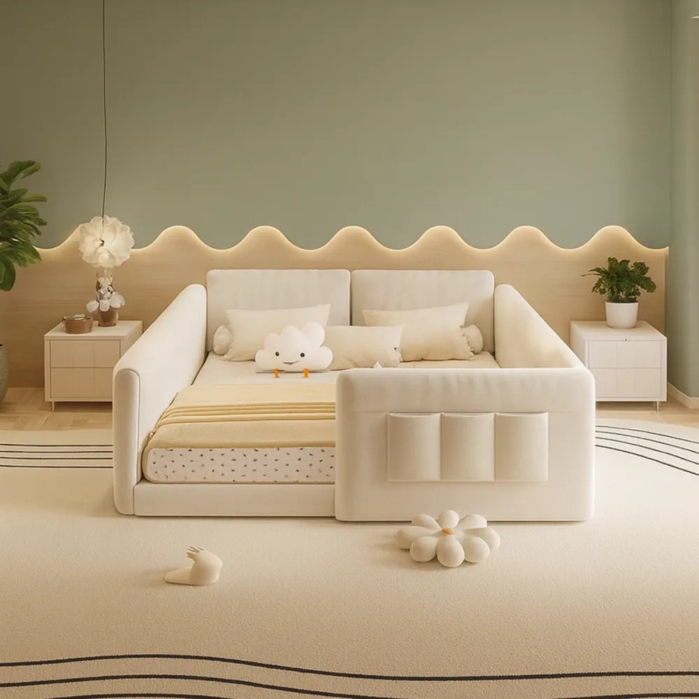 Protective Upholstered Bed Frame with Side Guards and Headboard, Modern Enclosed Kids Children Family Bed, Solid Wood Velvet. Off-White - Super King Size 200x200