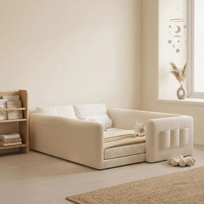 Protective Upholstered Bed Frame with Side Guards and Headboard, Modern Enclosed Kids Children Family Bed, Solid Wood Velvet. Off-White - Super King Size 200x200 - Image 4