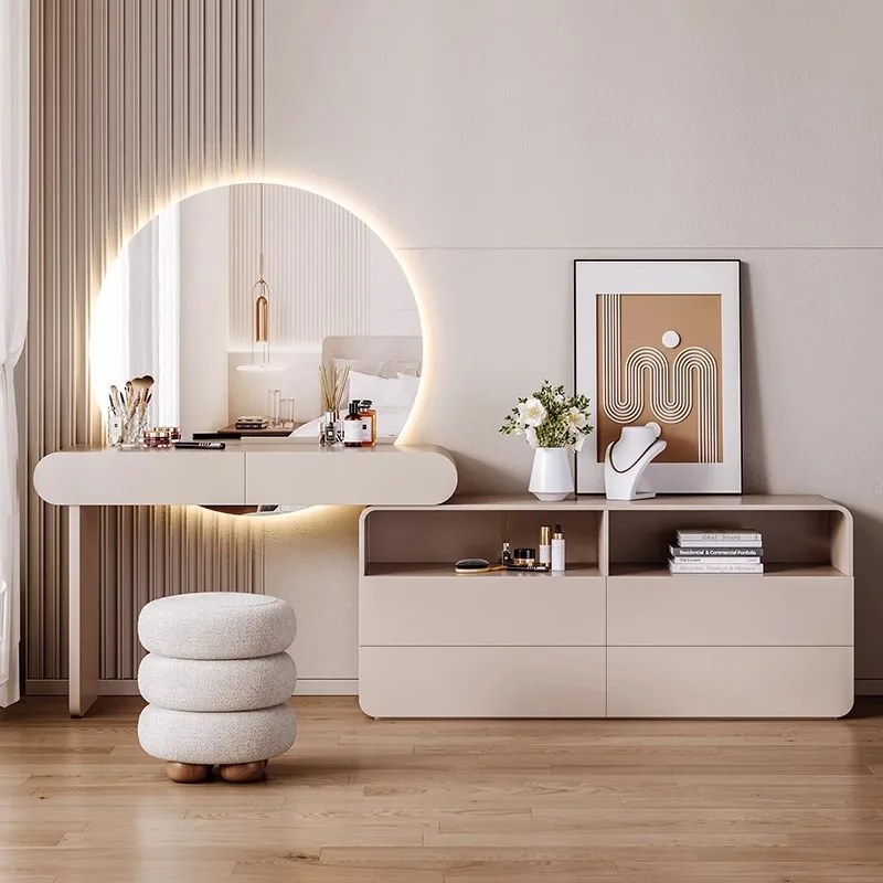 Dressing Table with Illuminated Round Mirror and Stool, Spacious Double Drawers Dresser, Sturdy Vanity Table Smooth Wood Finish - Off-White