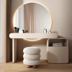Modern Vanity Dressing Table Set with Illuminated Round Mirror, Stool and Side Drawer Cabinet, Wood Finish Off-White