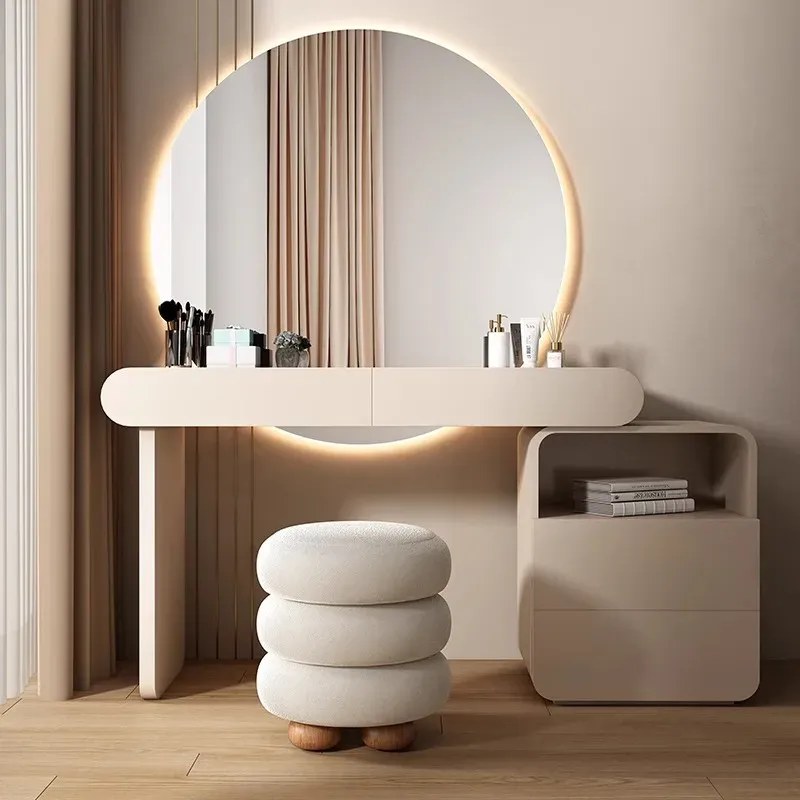 Modern Vanity Dressing Table Set with Illuminated Round Mirror, Stool and Side Drawer Cabinet, Wood Finish Off-White