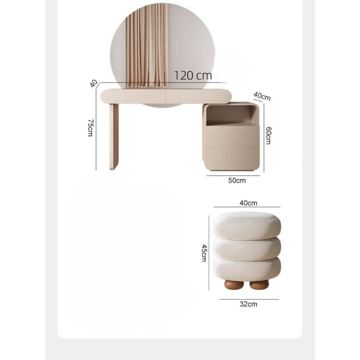 Modern Vanity Dressing Table Set with Illuminated Round Mirror, Stool and Side Drawer Cabinet, Wood Finish Off-White - Image 2