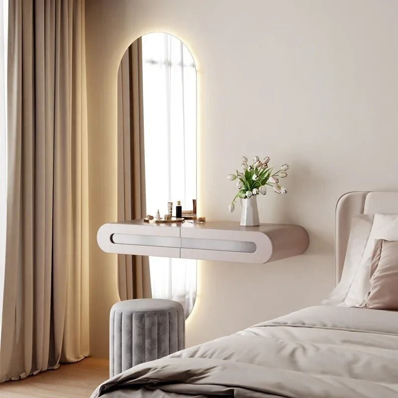 Modern Wall Mounted Dressing Table Set, Floating Vanity with LED Mirror, Grey Upholstered Stool, Makeup Desk for Women. Grayish - Image 2