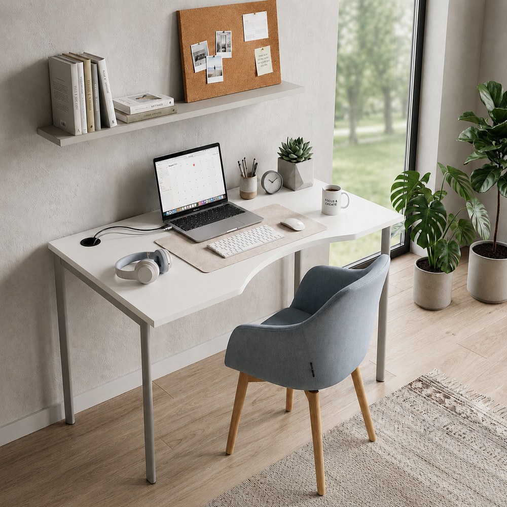 Skyland White Ergonomic Corner Office Desk Left-Hand 140x90cm, Aluminium Metal Bench Frame with Ergo Cutout, Cable Hole and Adjustable Feet, European Quality - Image 2