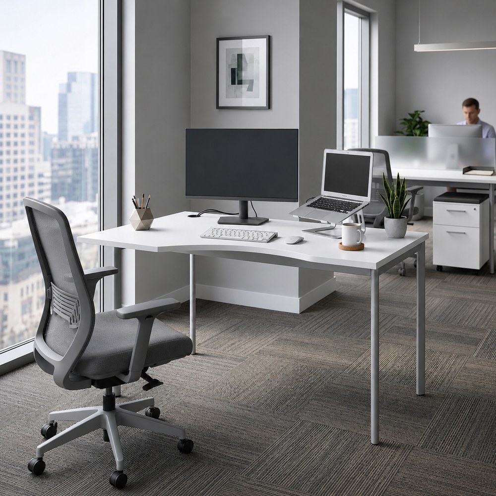 Skyland White Ergonomic Corner Office Desk Left-Hand 140x90cm, Aluminium Metal Bench Frame with Ergo Cutout, Cable Hole and Adjustable Feet, European Quality - Image 4