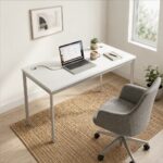 Skyland White Office Desk with Metal Bench Frame 140x60cm, Computer Table with Cable Holes and Adjustable Feet, IMAGO-S, European Quality
