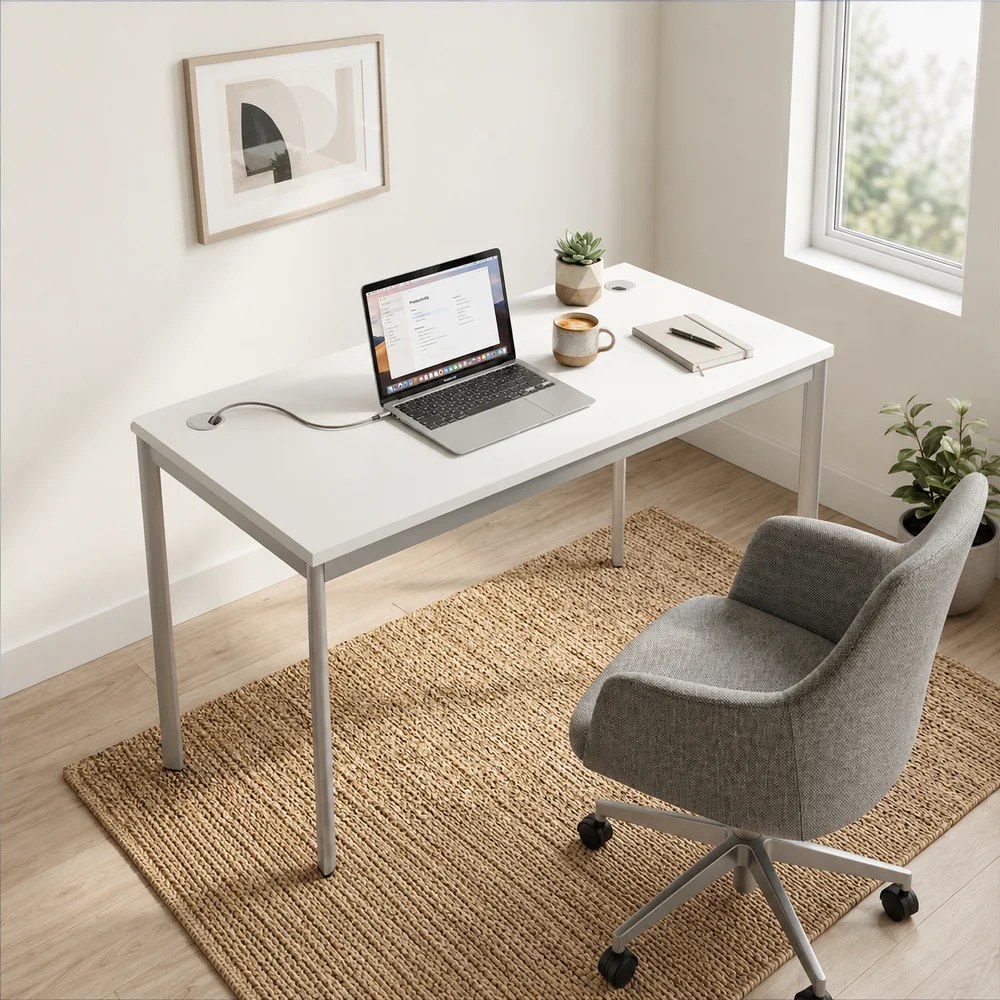 Skyland White Office Desk with Metal Bench Frame 140x60cm, Computer Table with Cable Holes and Adjustable Feet, IMAGO-S, European Quality - Image 3