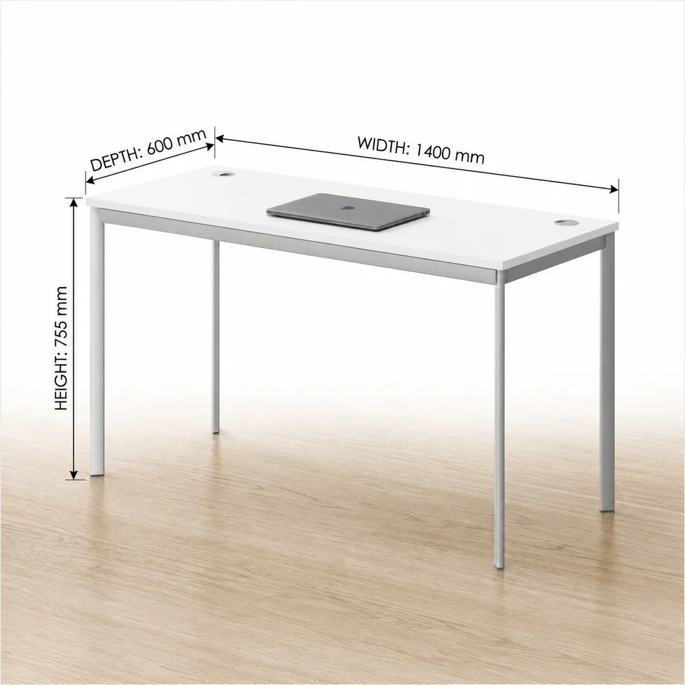 Skyland White Office Desk with Metal Bench Frame 140x60cm, Computer Table with Cable Holes and Adjustable Feet, IMAGO-S, European Quality - Image 4