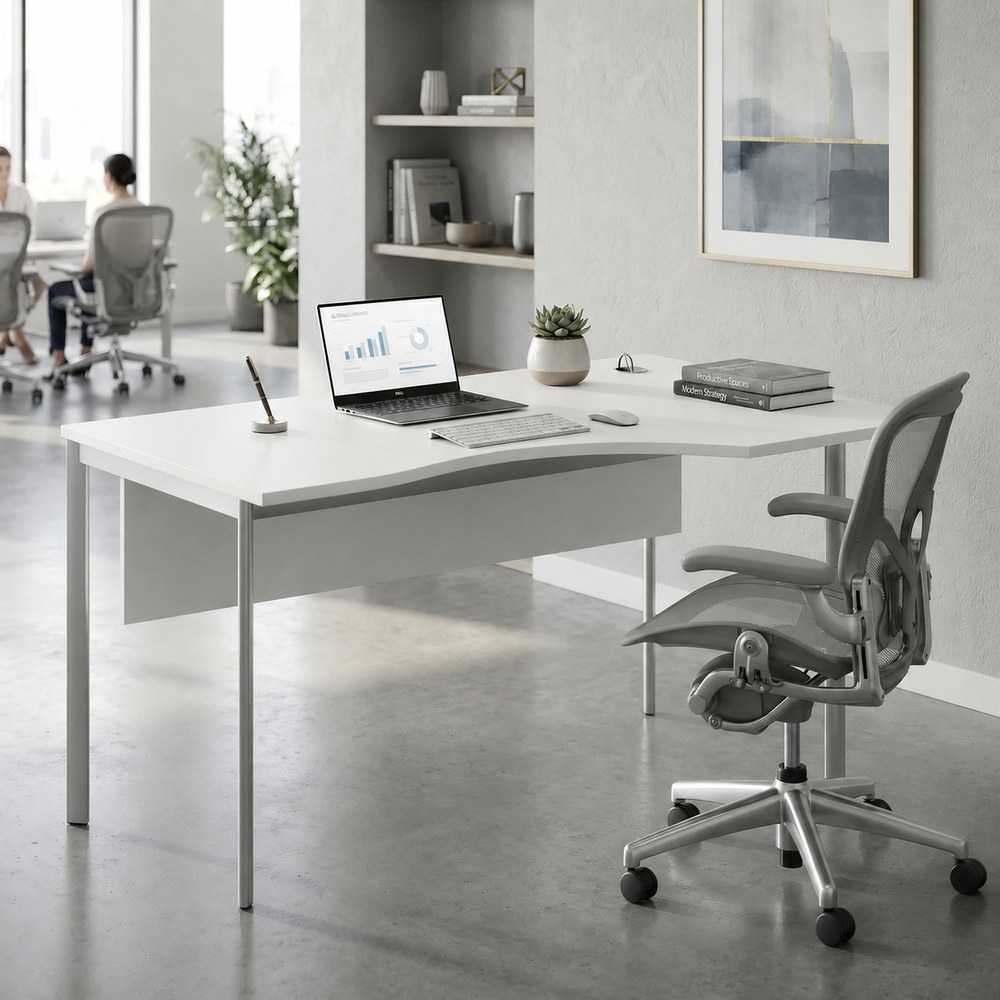 Skyland White Ergonomic Corner Office Desk Right-Hand 140x90cm, Metal Bench Frame with Modesty Panel, Cable Hole and Adjustable Feet, European Quality - Image 2