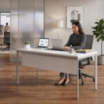 Skyland White Office Desk with Modesty Panel and Metal Frame, Computer Table 140x60 cm with Cable Holes and Adjustable Feet, European Quality