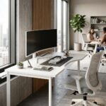 Skyland White Ergonomic Corner Office Desk Right-Hand 140x90cm, Metal Bench Frame with Ergo Cutout, Cable Hole and Adjustable Feet, European Quality
