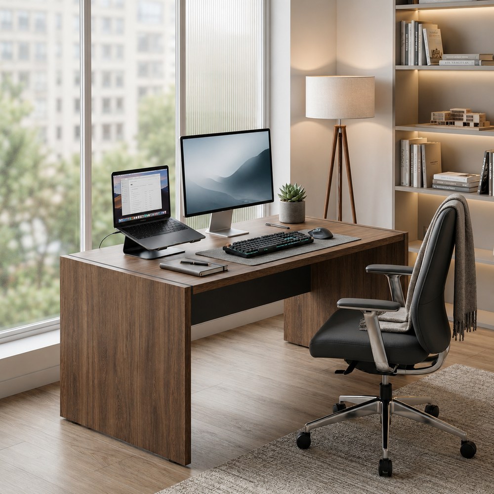 Skyland Walnut & Anthracite Executive Office Desk 180x90cm, Large Manager Desk with 36mm Glossy Top, Wide Panel Legs and Adjustable Feet, European Quality - Image 2