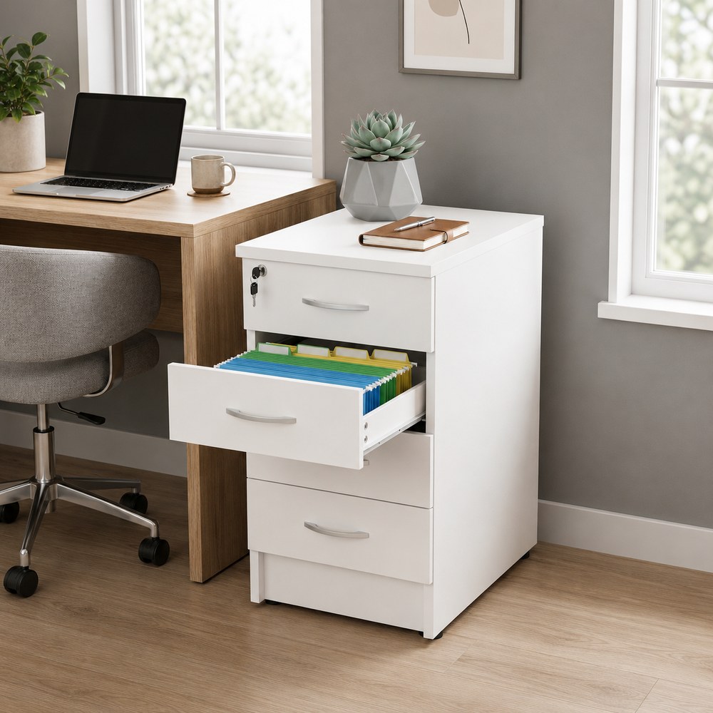 Skyland White 4-Drawer Pedestal Cabinet for Home Office, Under Desk Storage Unit with Lockable Top Drawer, Smooth-Gliding Rails, 412×450×753mm, European Quality - Image 4