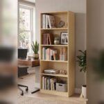 Skyland Light Oak Tall Bookcase with 5 Open Shelves and Adjustable Feet, Freestanding Shelving Unit for Home Office, 77×35.9×181.5 cm, Home Office Furniture, European Quality