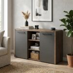 Skyland Anthracite & Walnut Sideboard Cabinet with 2 Doors and Open Shelving, Large Storage Credenza for Living Room or Home Office, 1400×490×826mm, MORRIS TREND Collection, European Quality